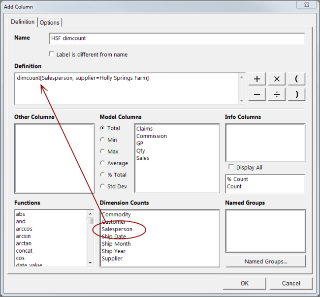 Add or Edit column dialog box showing the definition of a sample dimcount column.